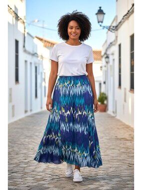 Ruby Rd. Ikat Maxi Skirt Multicolor Elastic Waist Lightweight Crinkle Fabric